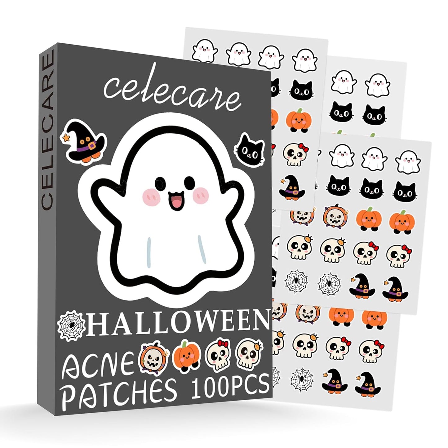 Halloween Acne Patch Pimple Patches for Face Cute Stickers Salicylic Acid & Tea Tree 100PCS Hydrocolloid Dots in 8 Colors