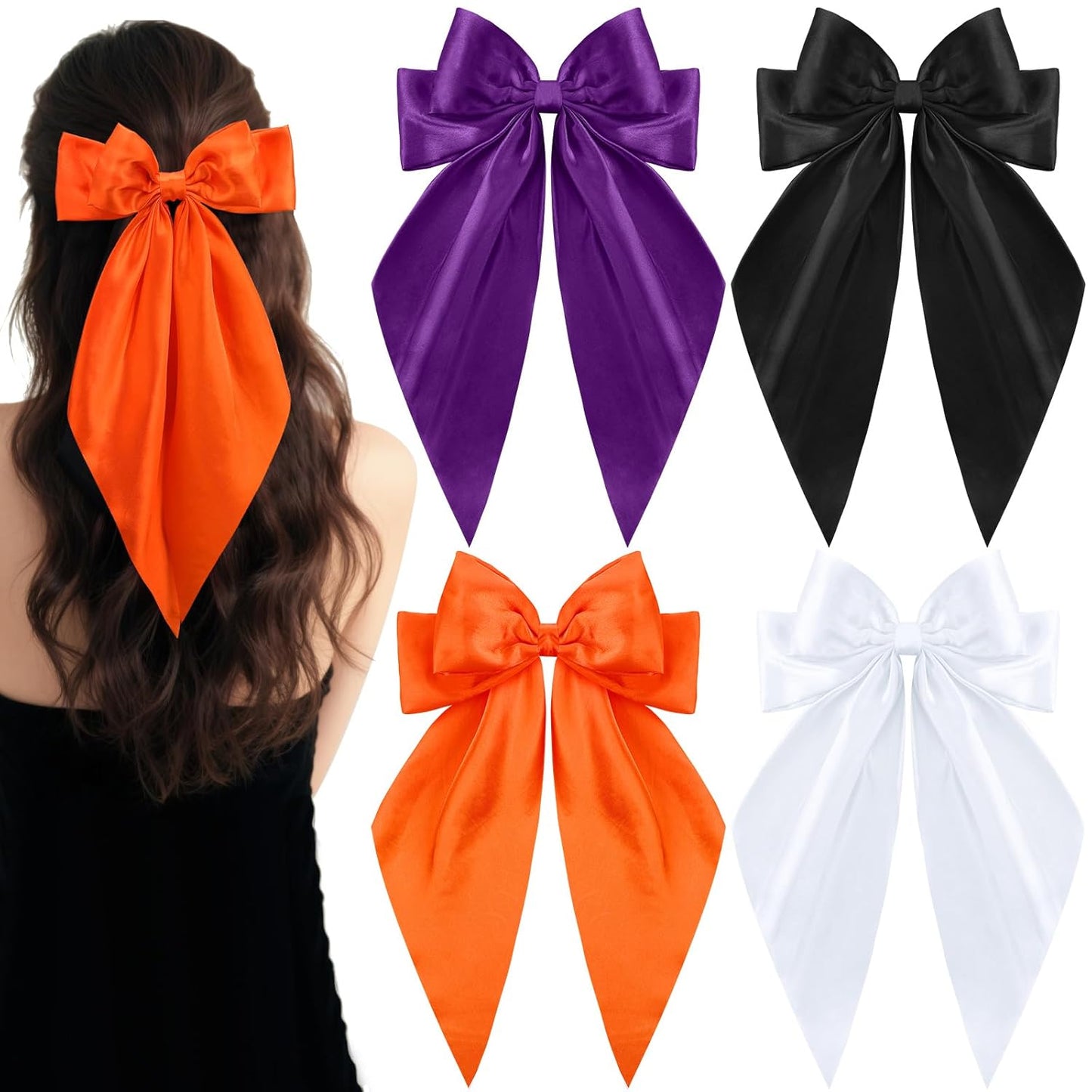 4 Pcs Halloween Hair Bows for Women Girls Large Satin Orange Black White Purple Bow Hair Clips Long Tails