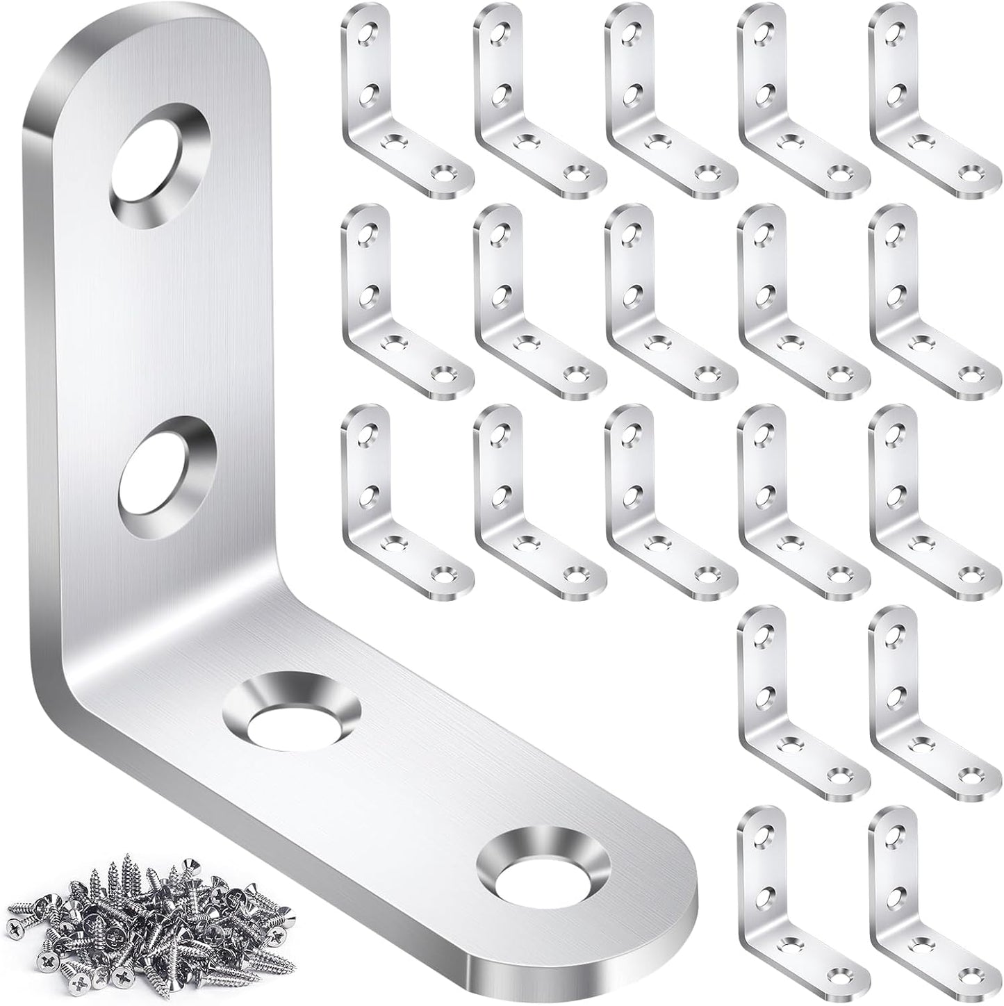 20PCS L Bracket Corner Brace Sets Stainless Steel L Brackets for Wood Shelves, 90 Degree Right Angle Bracket with 80 Screws