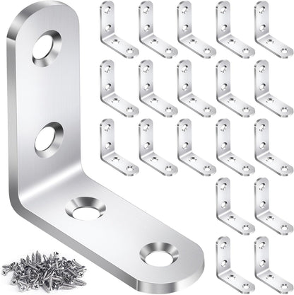 20PCS L Bracket Corner Brace Sets Stainless Steel L Brackets for Wood Shelves, 90 Degree Right Angle Bracket with 80 Screws