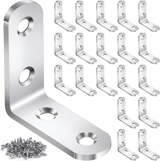 20PCS L Bracket Corner Brace Sets Stainless Steel L Brackets for Wood Shelves, 90 Degree Right Angle Bracket with 80 Screws