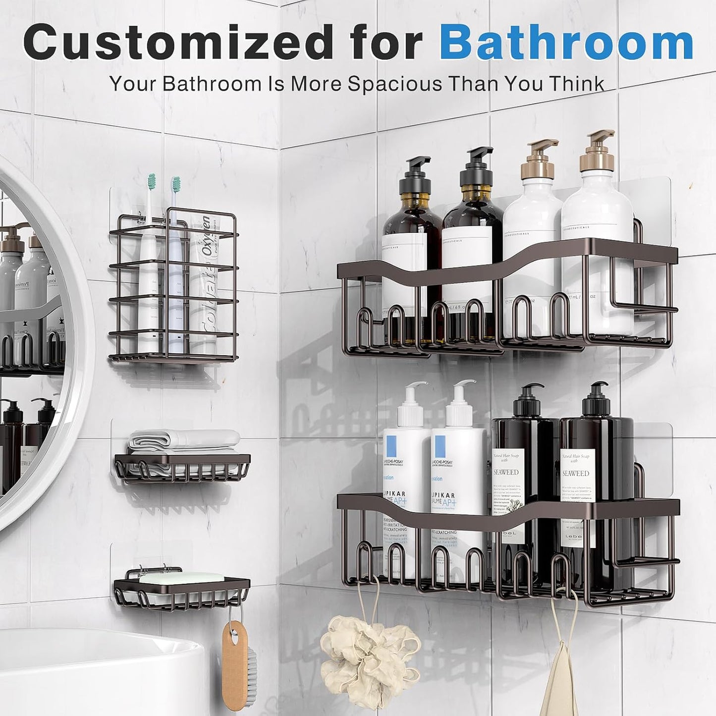 5 Pack Rustproof Stainless Steel Shower Caddy No Drill Adhesive Bathroom Organizer with Large Capacity