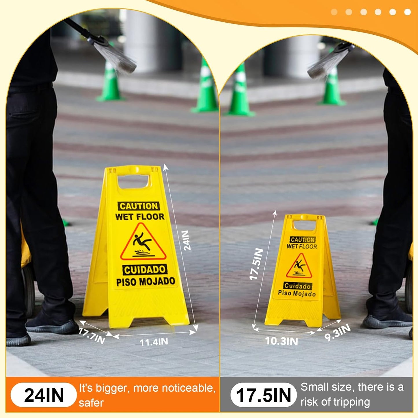 24 Inches Caution Wet Floor Sign 3PCAK Yellow Bilingual Double-Sided Safety Warning Signs A Frame Safety