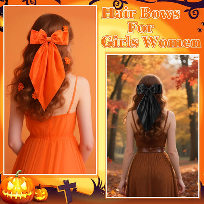 4 Pcs Halloween Hair Bows for Women Girls Large Satin Orange Black White Purple Bow Hair Clips Long Tails