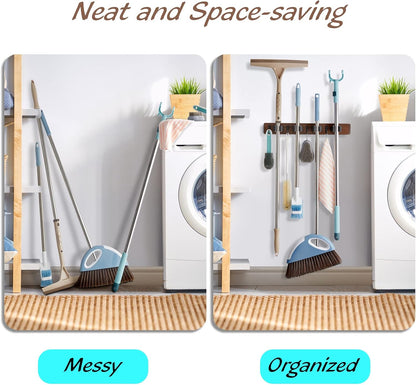 Rustic Wood Broom Mop Hanger Wall Mounted Garden Tool Rack Organizer for Closet Garage