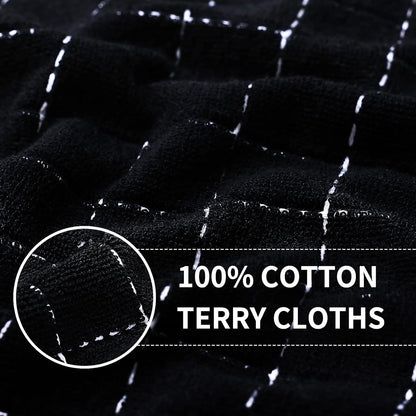 4 Pack Cotton Terry Kitchen Towels(Black, 13 x 28 inches), Checkered Designed, Soft and Super Absorbent