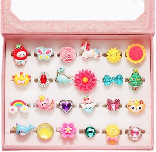 Little Girl Jewel Rings in Box Adjustable No Duplication Girl Pretend Play and Dress Up Rings