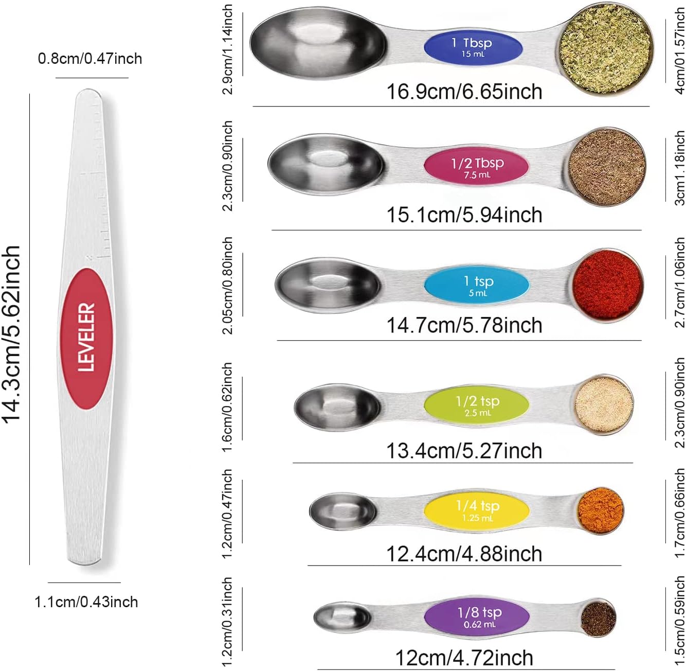 Magnetic Measuring Spoons Set with Leveler Stainless Steel Stackable Fits Spice Jars