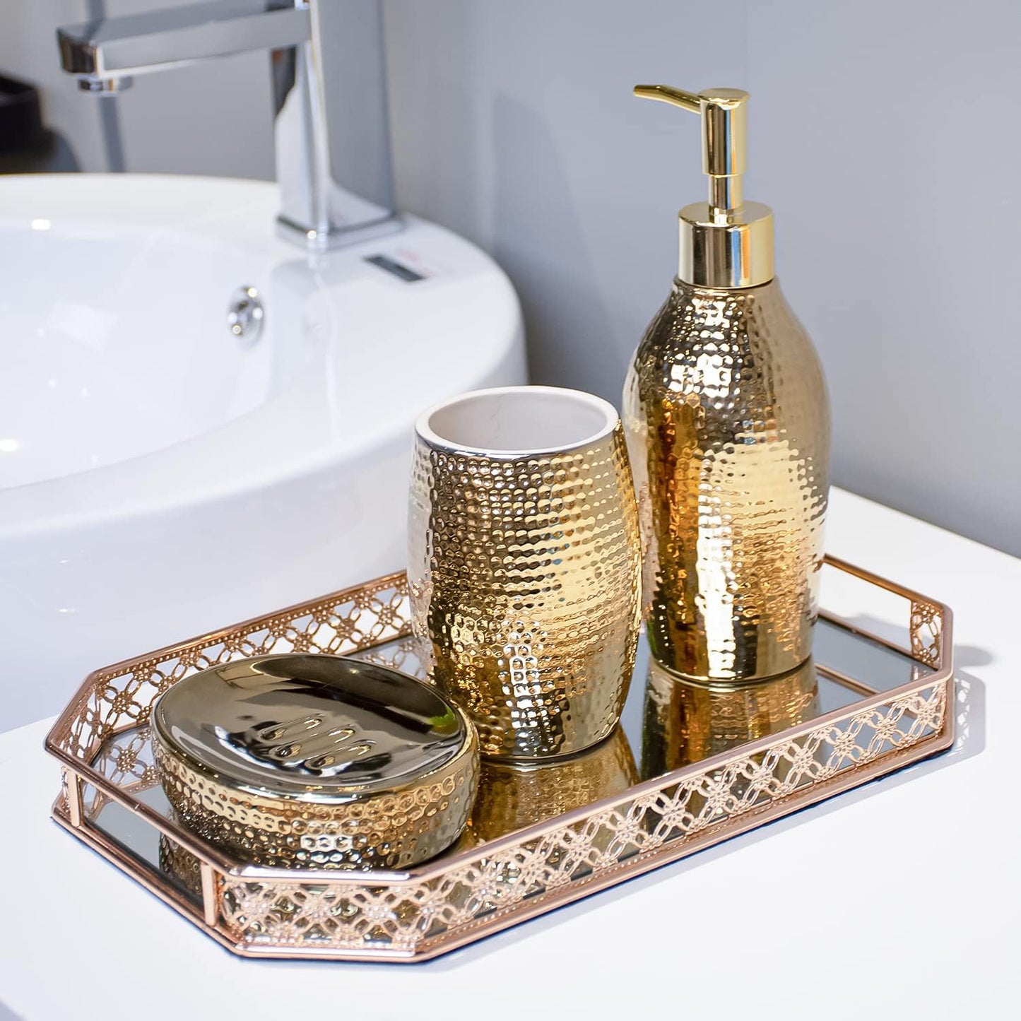 Gold Vanity Tray Perfume Tray for Dresser Vanity Trays for Bathroom and Home Decor, 14 x 9 x 1.2 inches