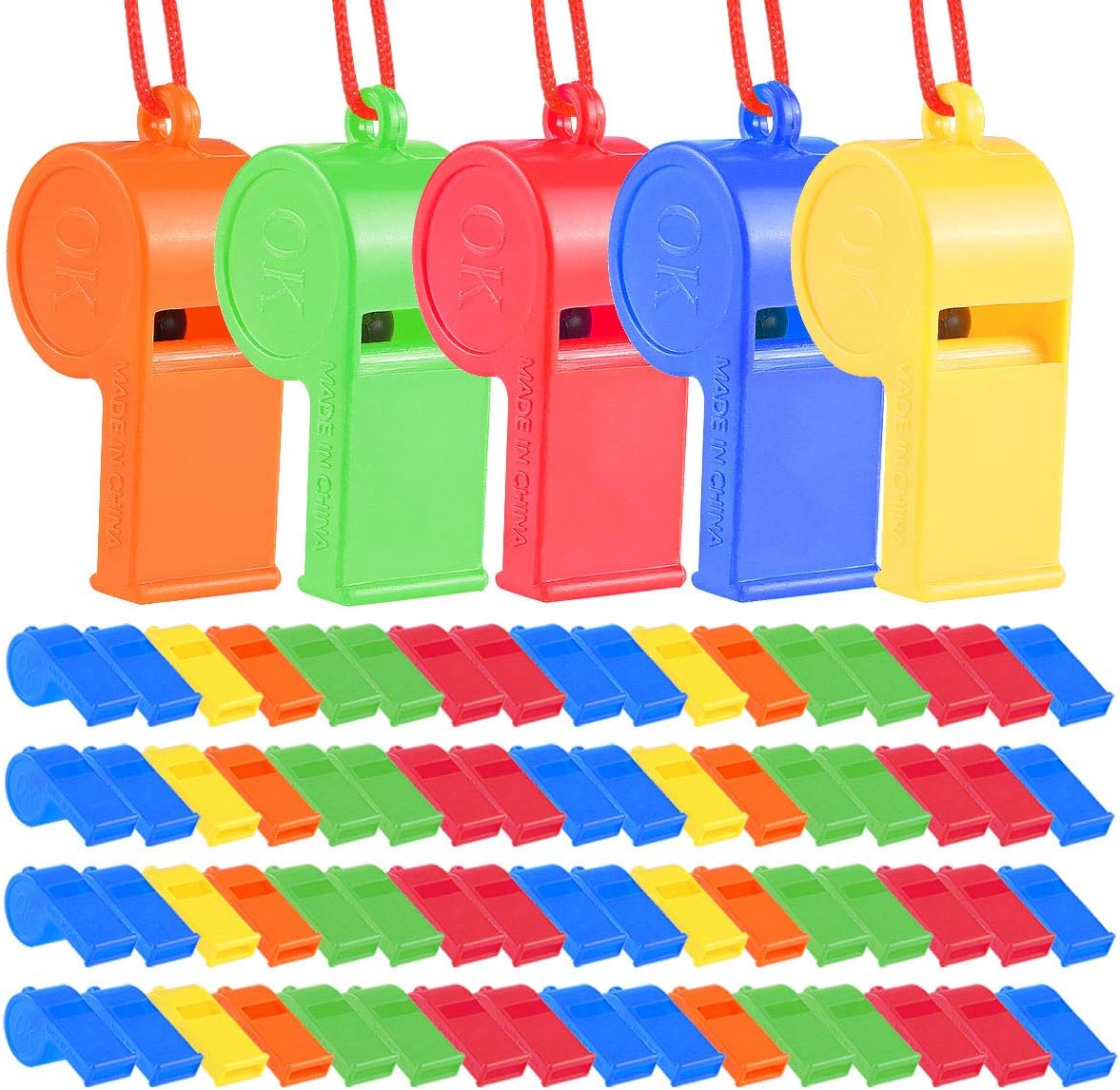 72Pcs Plastic Whistles Bulk Whistles Training Sports Whistles with Lanyard Loud Toys Whistles for Kids Christmas Birthday Party