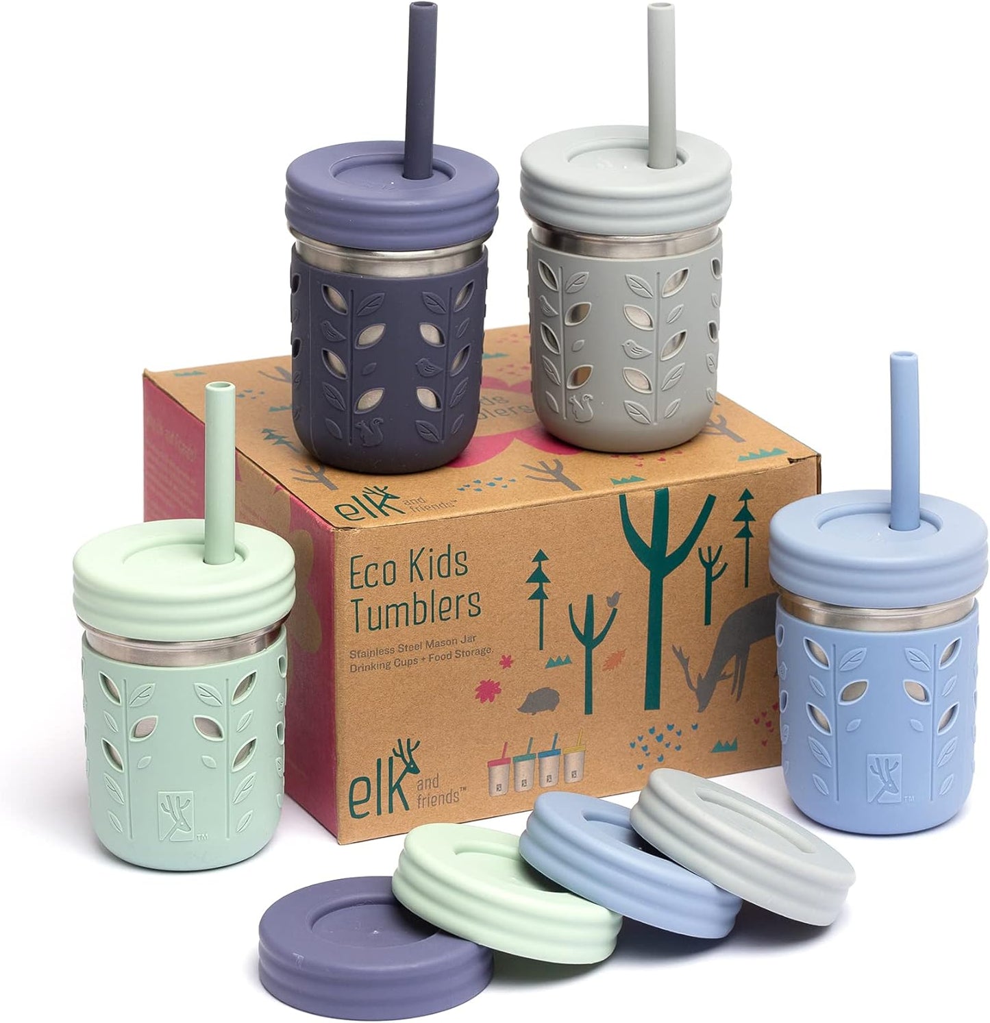 10oz Stainless Steel Kids + Toddler Drinking Cups The Original Mason Jar with Sleeves + Lids Silicone Straws Smoothies