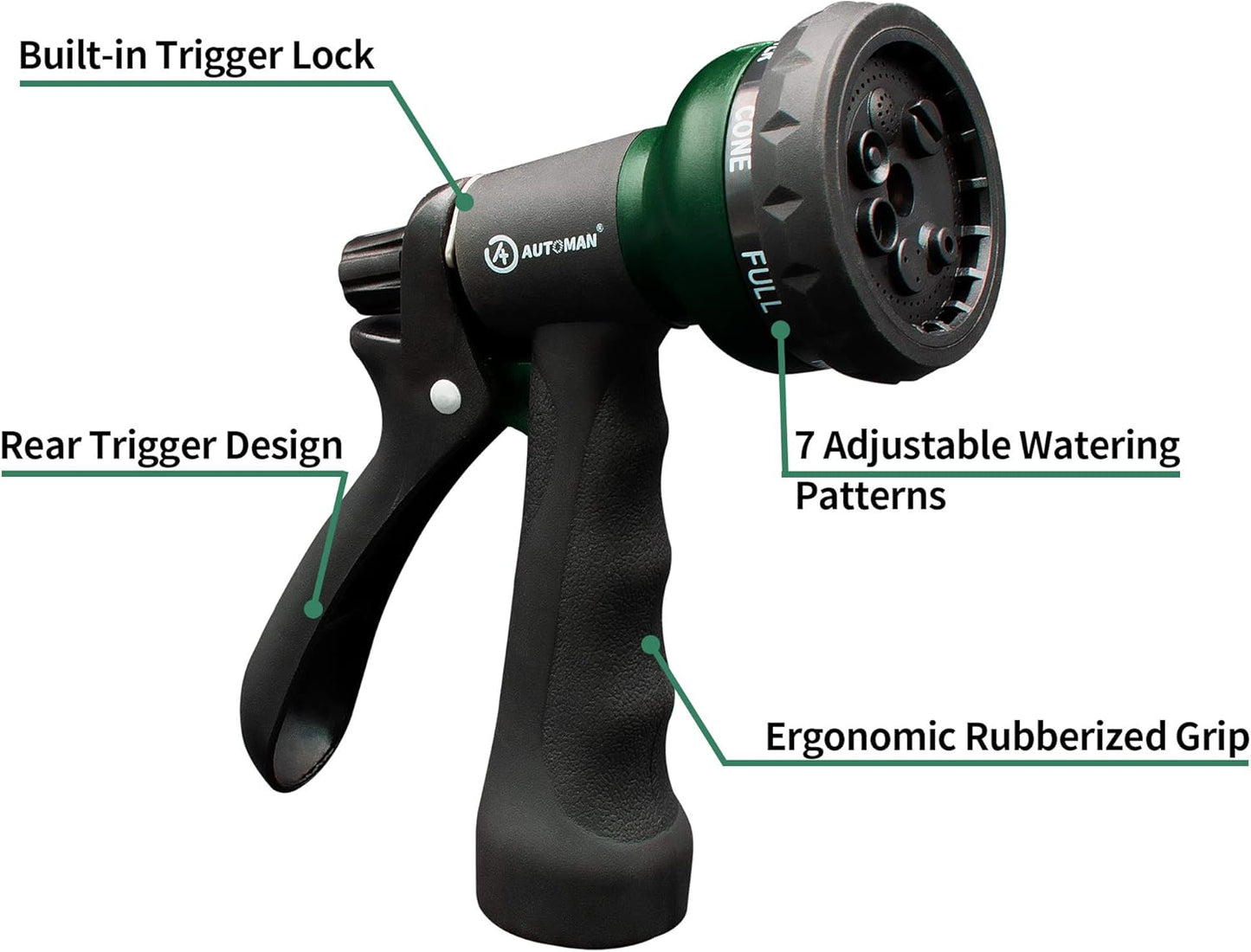 ABS Water Spray Nozzle with 7 Adjustable Watering Patterns Slip Resistant for Watering Plants