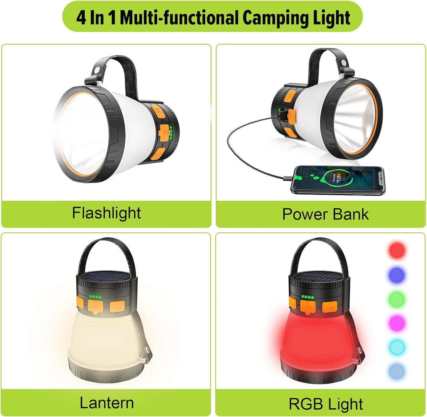 1500 Lumens Camping Lantern Rechargeable with Solar Panel Charging Waterproof 8 Light Modes