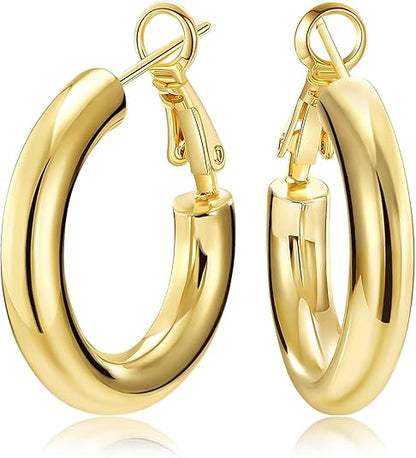 Chunky Gold Hoop Earrings - 14K Gold Plated Earrings for Women Hollow Tube Lightweight Thick Hoops Valentines Mother's Day