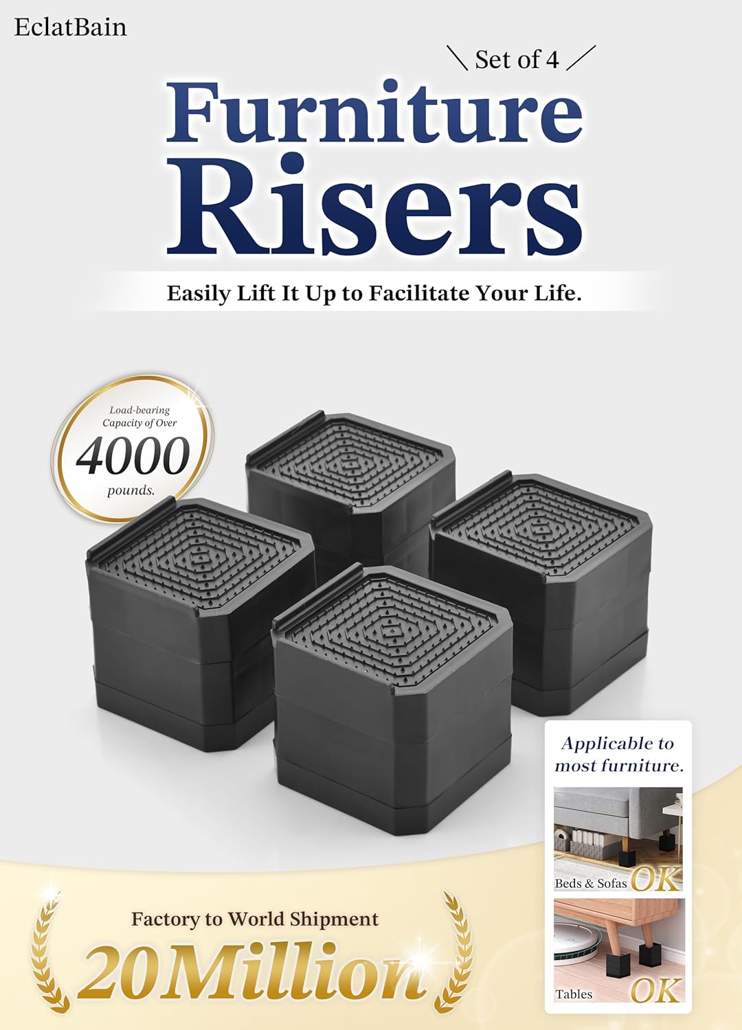 Furniture Risers Heavy-Duty Rectangular Adjustable Block Lift to 3 inches and 4.3 inches Desk Sofa
