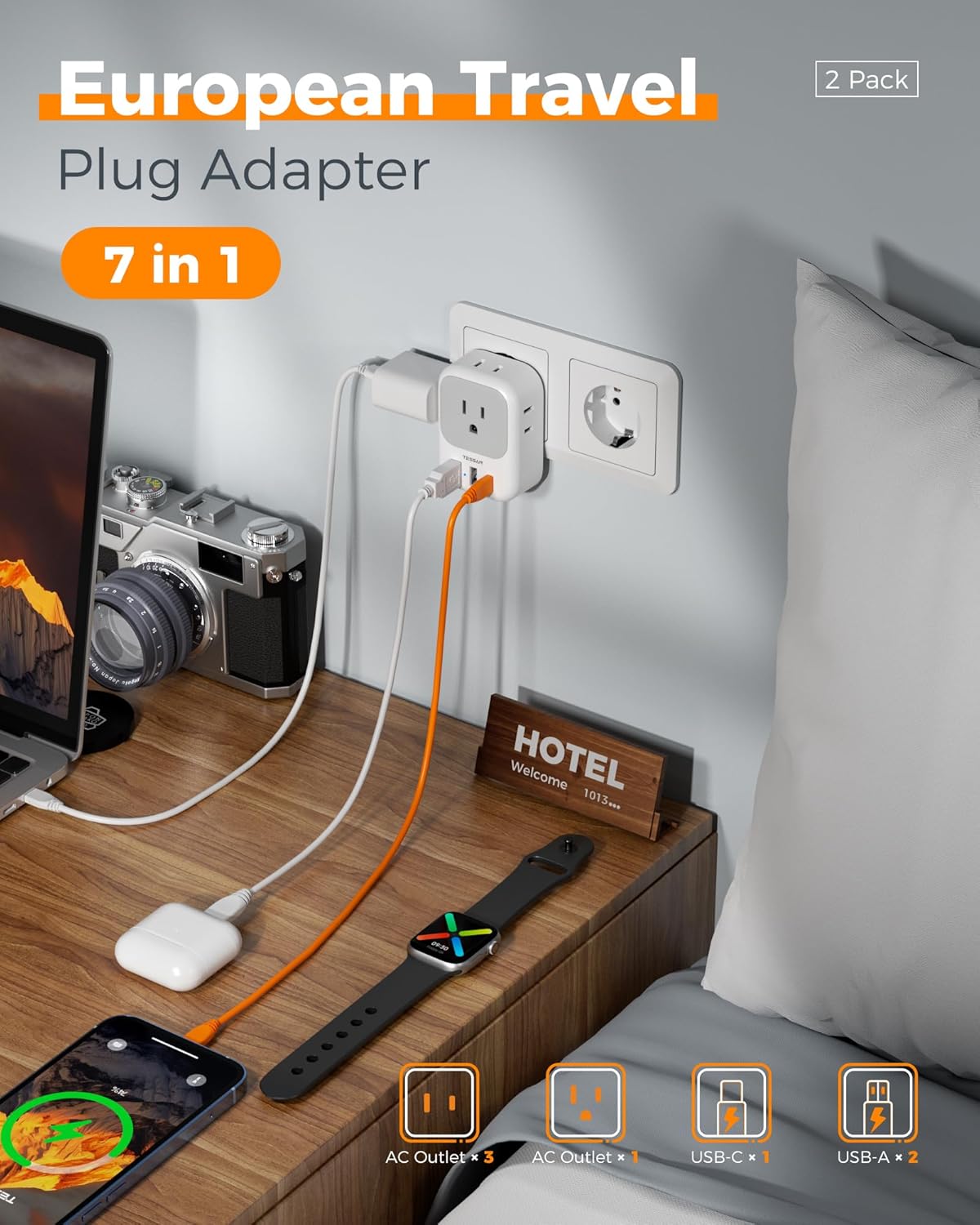 2 Pack European Plug Adapter USB C TESSAN US to Europe Adapter 4 Outlets 3 USB Charger Type C International Power Adaptor