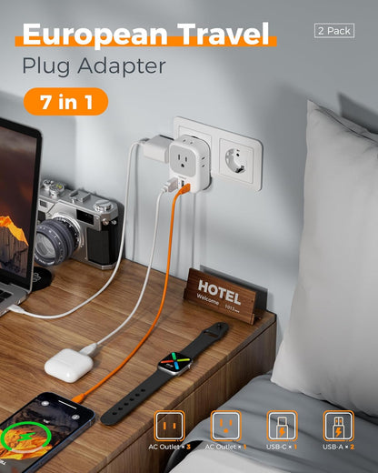 2 Pack European Plug Adapter USB C TESSAN US to Europe Adapter 4 Outlets 3 USB Charger Type C International Power Adaptor