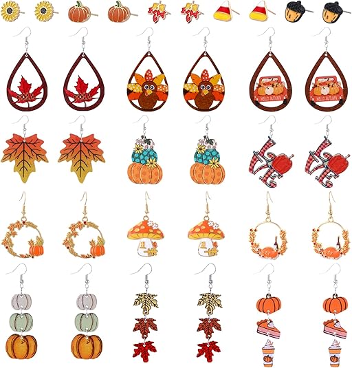 34 PCS Fall Thanksgiving Earrings Set Autumn Earrings Set Pumpkin Turkey Maple Leaf Sunflower Wooden Dangle Earrings