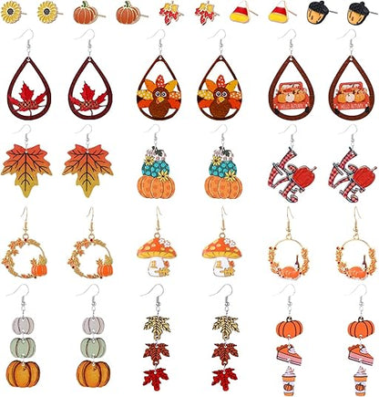 34 PCS Fall Thanksgiving Earrings Set Autumn Earrings Set Pumpkin Turkey Maple Leaf Sunflower Wooden Dangle Earrings