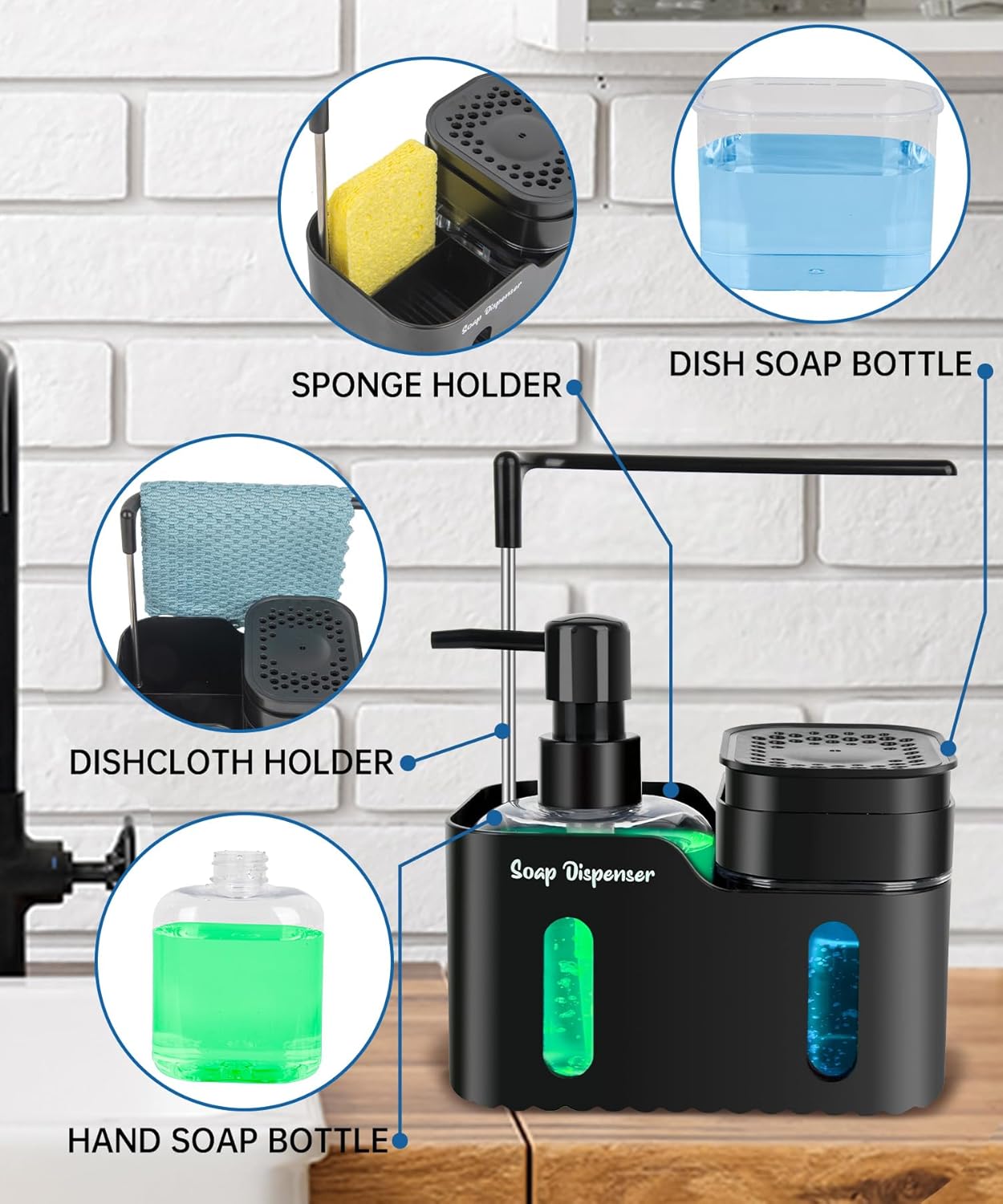 Hand Soap and Dish Soap Dispenser Set for Kitchen Dual Soap Dispenser with Sponge Holder and Dishcloth