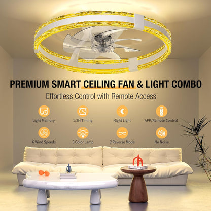 20'' Low Profile Flush Mount Ceiling Fan with 6 Speeds & 3 Color Temperature 3000-6500K Dimmable Led Fandelier for Bedroom