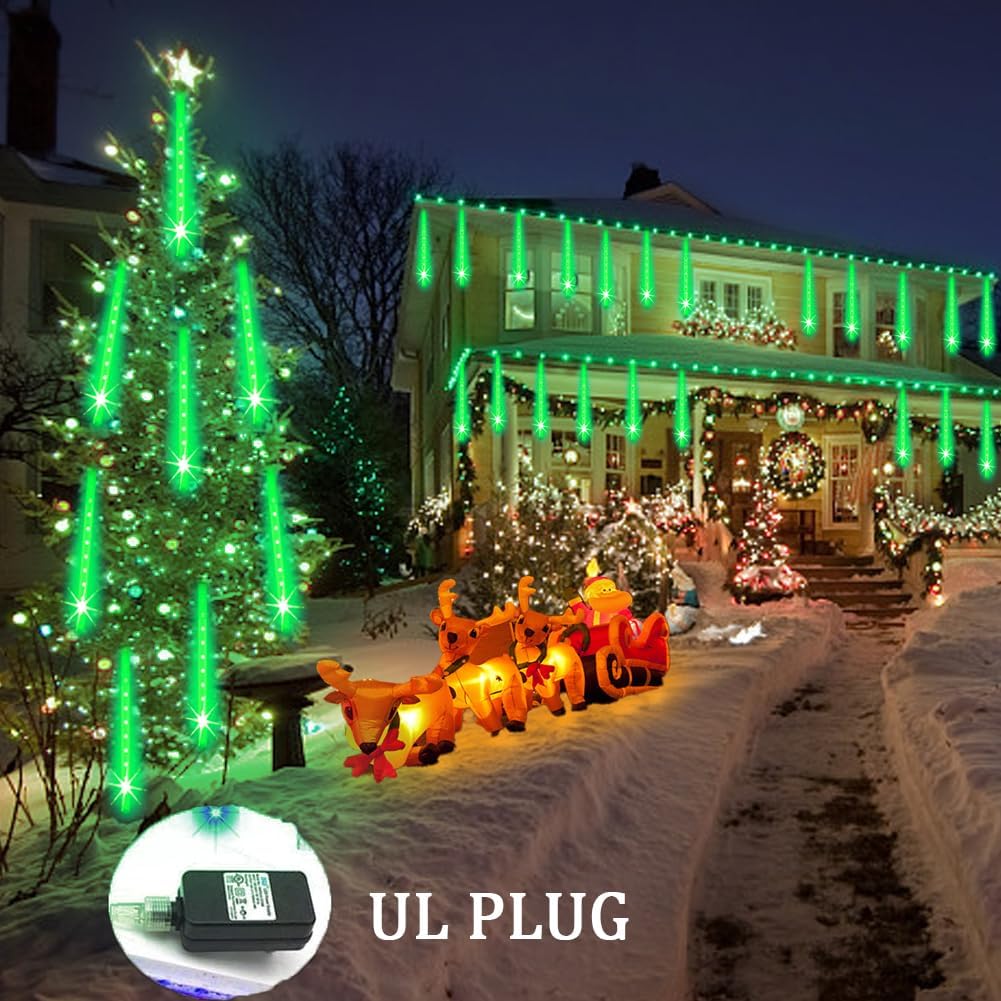 Meteor Shower Christmas Lights for Halloween Decorations 8 Tube 192 LED Snow Falling Rain Icicle String Light