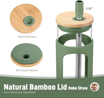 24oz Glass Tumbler with 2 Lids and Straws Glass Cup With Bamboo Lid and On-the-go Lid Reusable