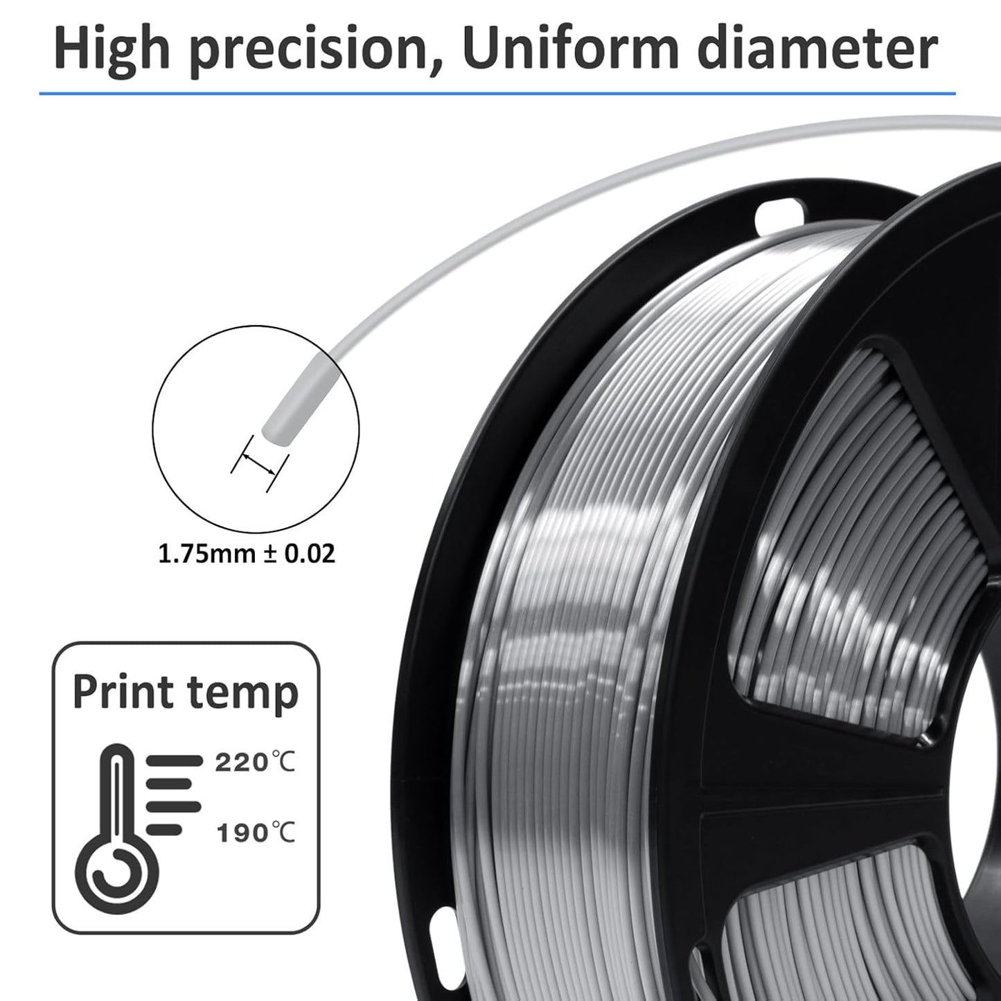 Silk Metallic Silver PLA 3D Printer Filament 1kg Spool 1.75mm Dimensional Accuracy +/-0.03mm 1080 Feet per Roll