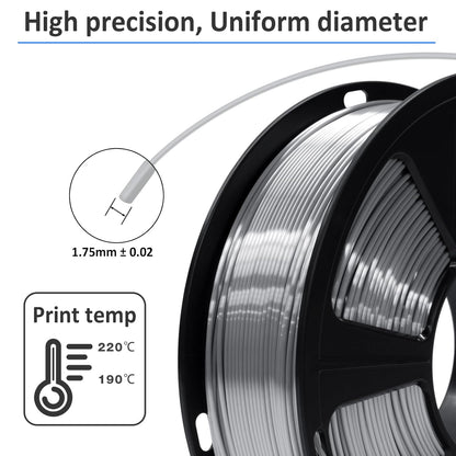 Silk Metallic Silver PLA 3D Printer Filament 1kg Spool 1.75mm Dimensional Accuracy +/-0.03mm 1080 Feet per Roll