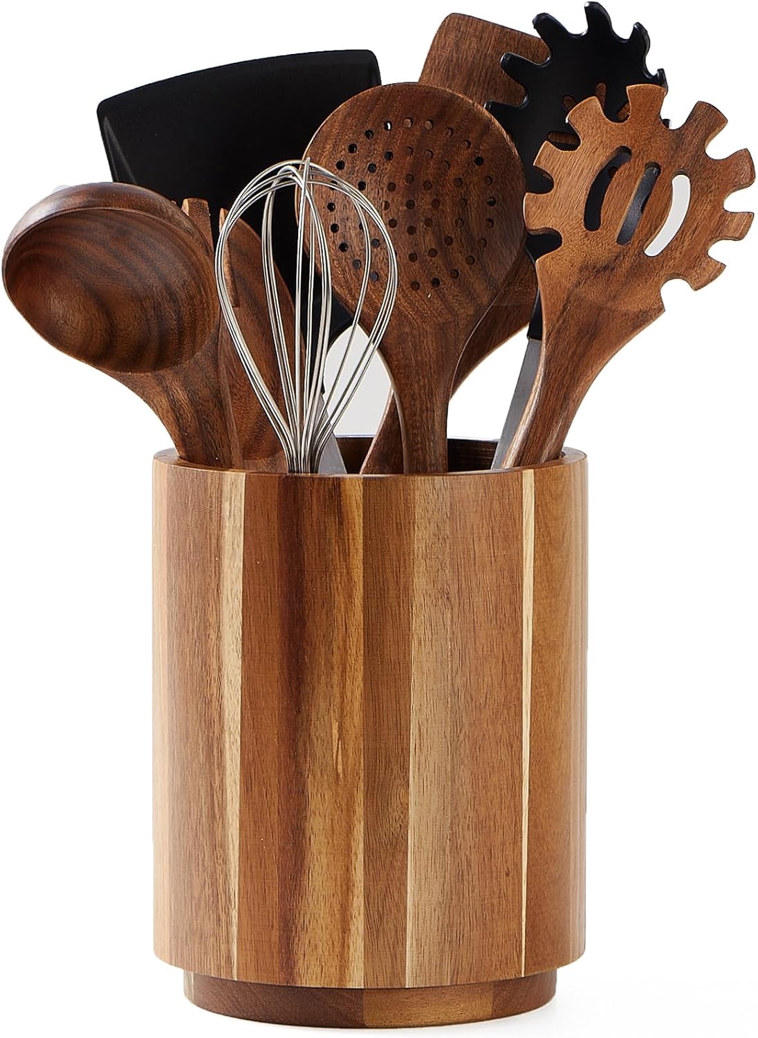 Wood Utensil Holder for Kitchen Counter 360° Rotating 7.2" Wooden Cooking Utensil Crock for Countertop