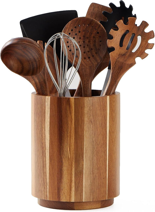 Wood Utensil Holder for Kitchen Counter 360° Rotating 7.2" Wooden Cooking Utensil Crock for Countertop