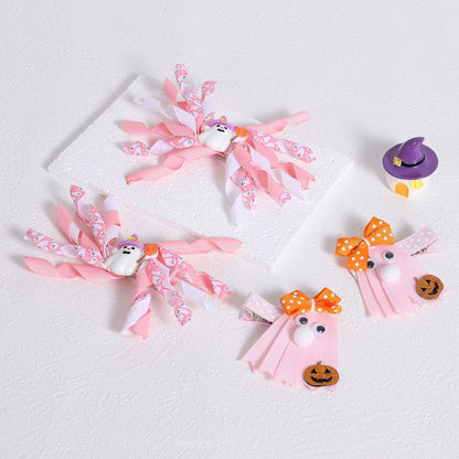 Curly Ribbon Hair Bows for Girls, 4 Pcs Cute Pink Ghost Pigtails Hair Clip Barrettes for Baby Toddler Teen Women Trick or Treat Gift