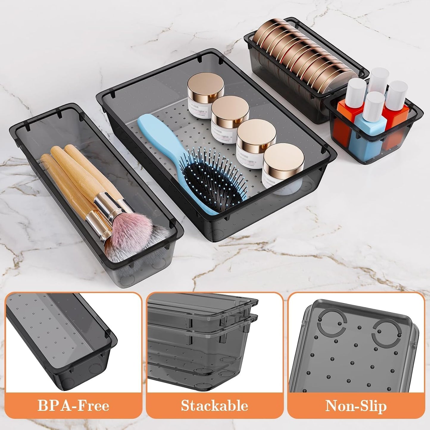 4 Size Versatile Organizer Trays & storage Bins for Makeup Jewelry and Gadgets in Bathroom