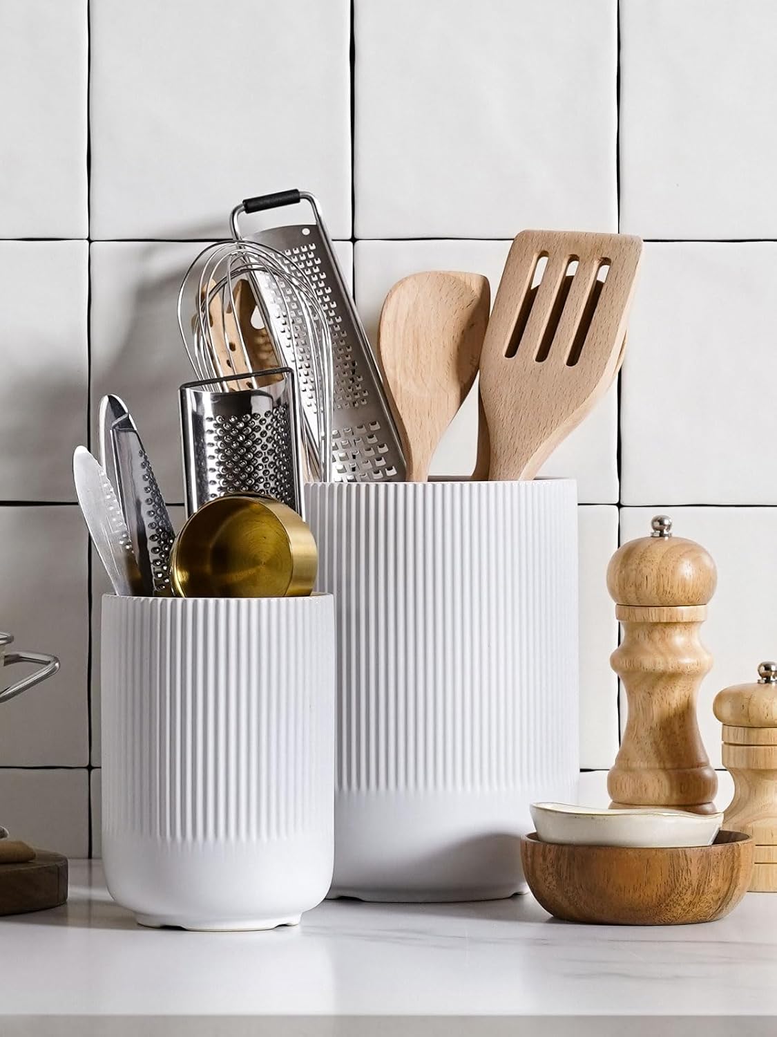 Utensil Holder 7.3"+5.4" Ceramic Kitchen Utensil Holder for Countertop Large Cooking Utensil