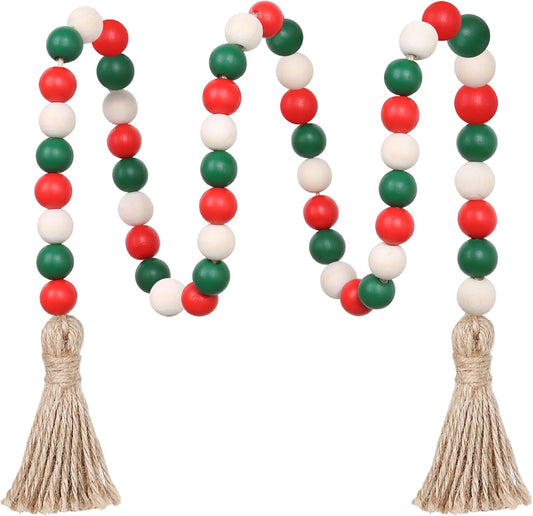 Wood Bead Garland 39in Farmhouse Beads with Tassels Tiered Tray Decor Wall Hanging Home Ornaments