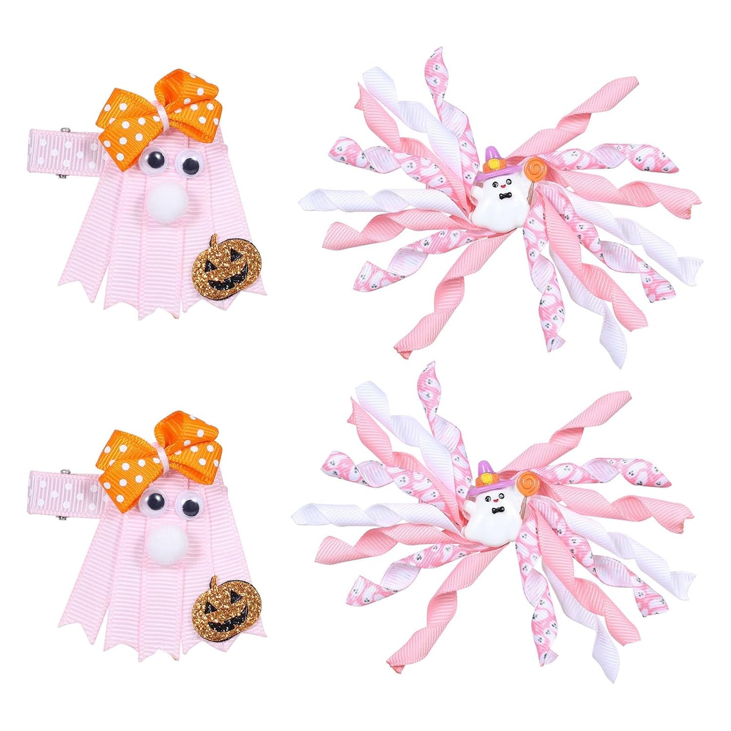 Curly Ribbon Hair Bows for Girls, 4 Pcs Cute Pink Ghost Pigtails Hair Clip Barrettes for Baby Toddler Teen Women Trick or Treat Gift