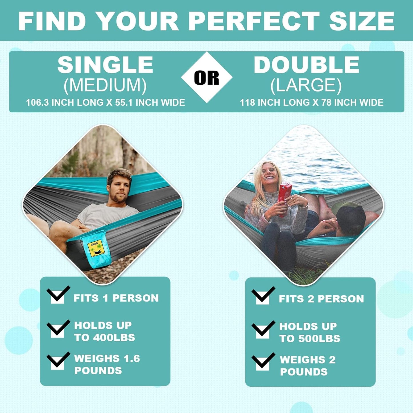 Hammock Double & Single Portable Hammocks with 2 Tree Straps and Attached Carry Bag Great for Outdoor Indoor