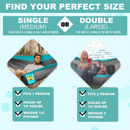 Hammock Double & Single Portable Hammocks with 2 Tree Straps and Attached Carry Bag Great for Outdoor Indoor