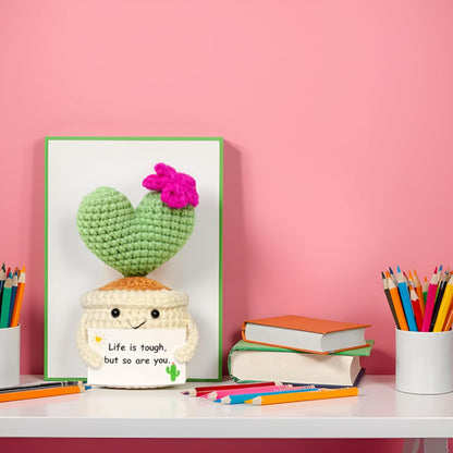 Handmade Crochet Cactus – Plush Plant Gift with Encouragement Card for Desk Decor