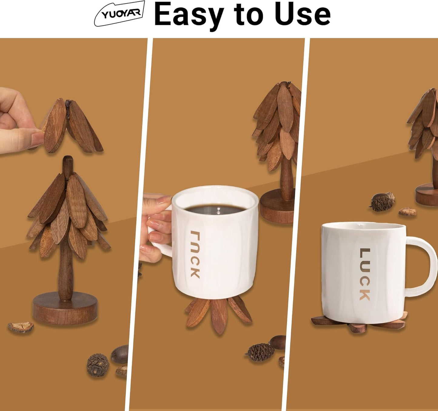 Wooden Tree-Shaped Sapeli Wood Drink Coasters Set for Coffee Table Kitchen Table Decor