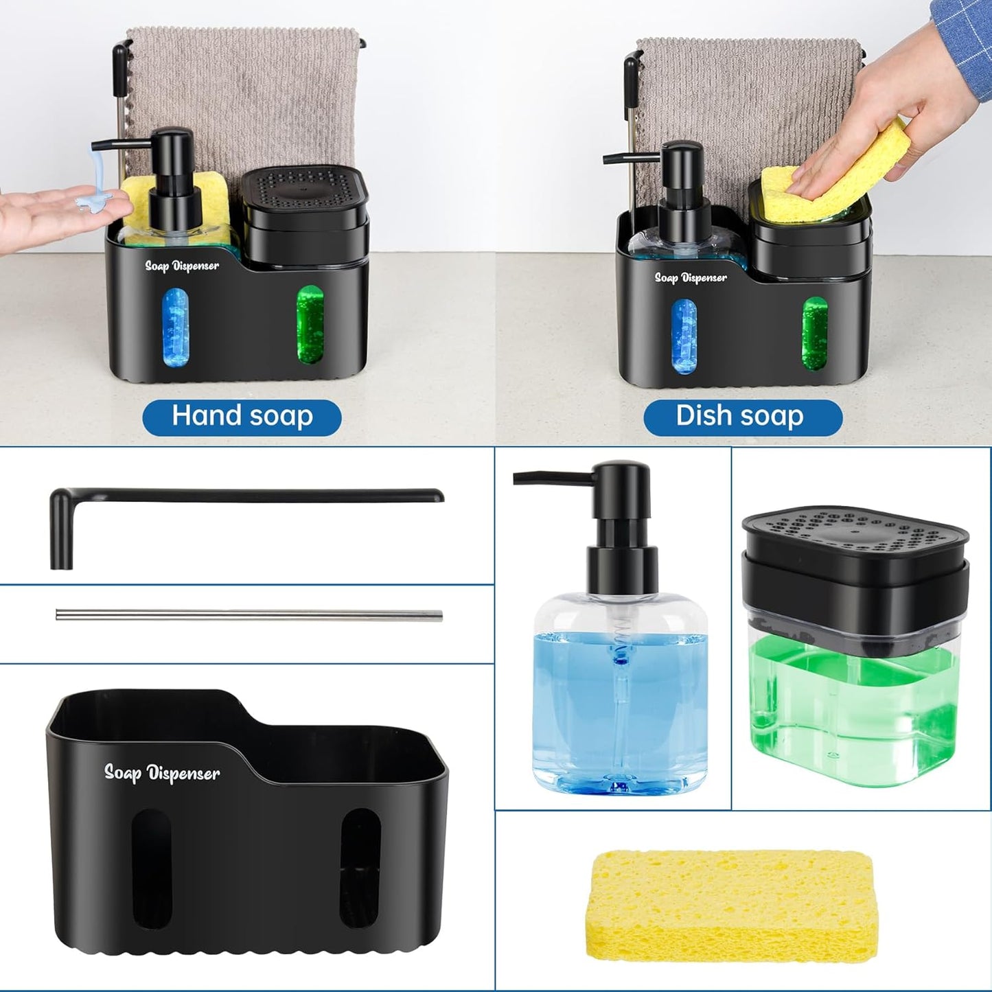 Hand Soap and Dish Soap Dispenser Set for Kitchen Dual Soap Dispenser with Sponge Holder and Dishcloth
