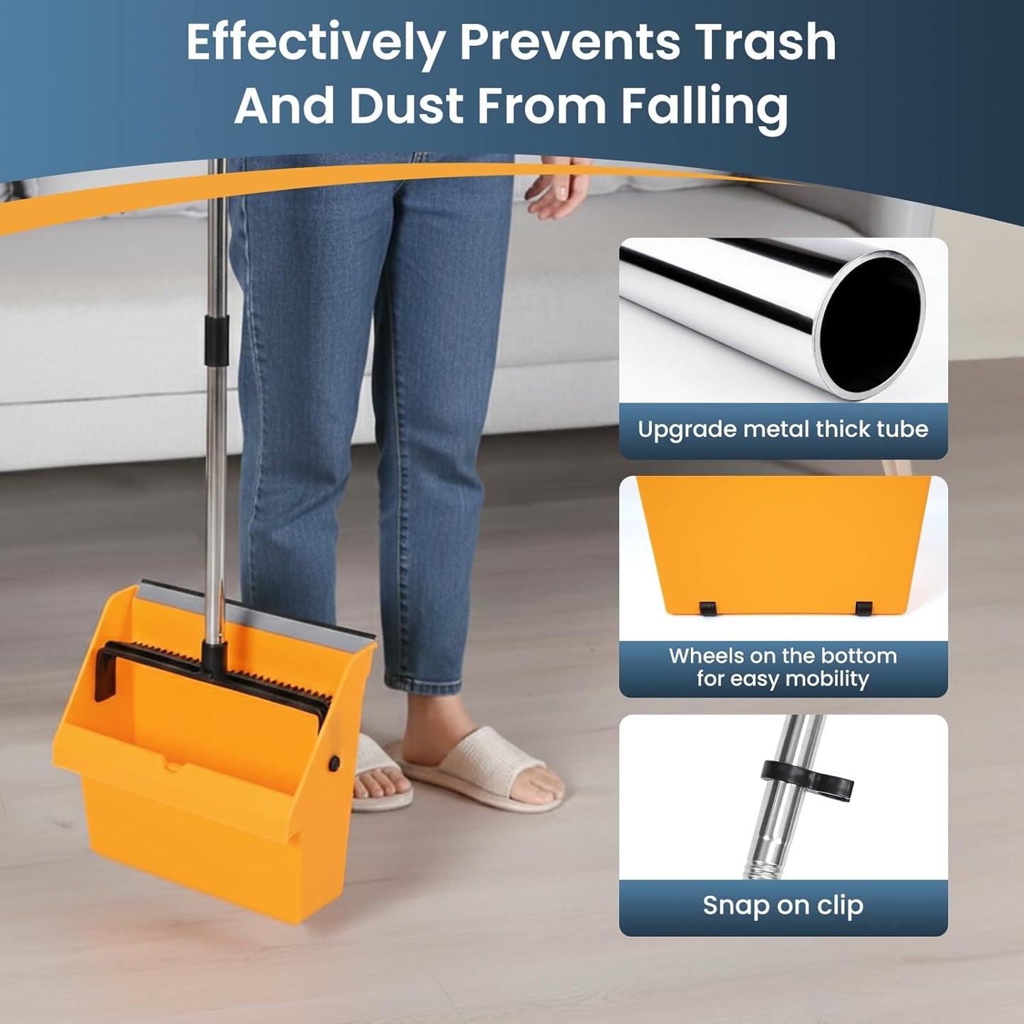 Large Commercial Dustpan with Comb Long Handle Upright Heavy Duty Dust Pan Outdoor Indoor