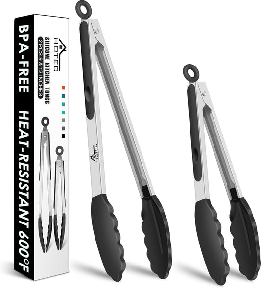 Premium Stainless Steel Locking Kitchen Tongs with Silicon Tips Set of 2-9" and 12"