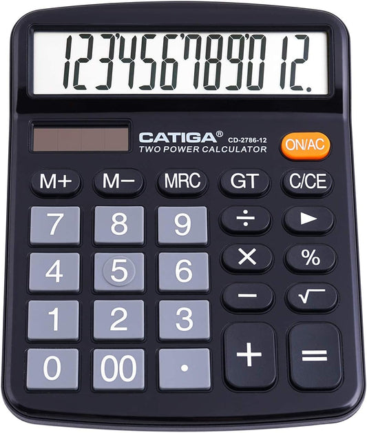 12 Digit Desk Calculator Desktop Calculators with Large LCD Display & Big Buttons Dual Power Solar & Battery Standard Basic 4 Function Calculator for School Office
