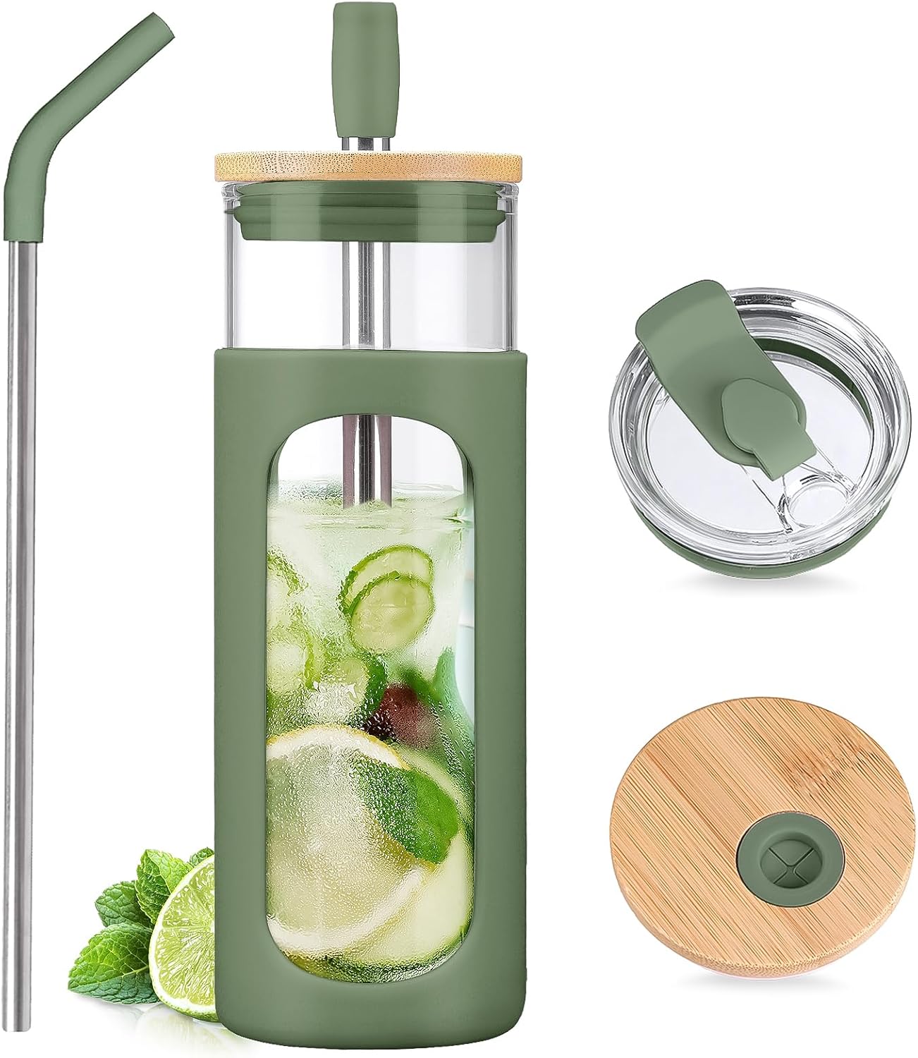 24oz Glass Tumbler with 2 Lids and Straws Glass Cup With Bamboo Lid and On-the-go Lid Reusable