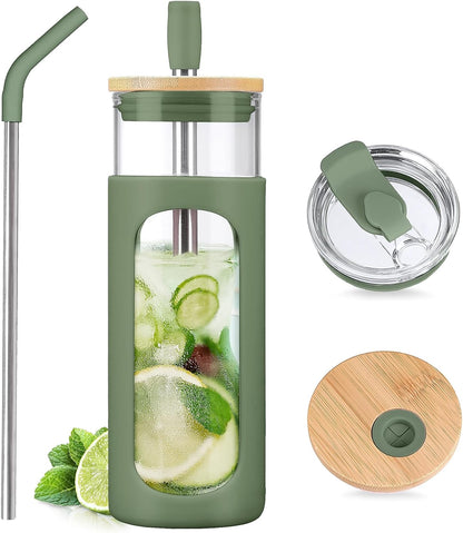 24oz Glass Tumbler with 2 Lids and Straws Glass Cup With Bamboo Lid and On-the-go Lid Reusable