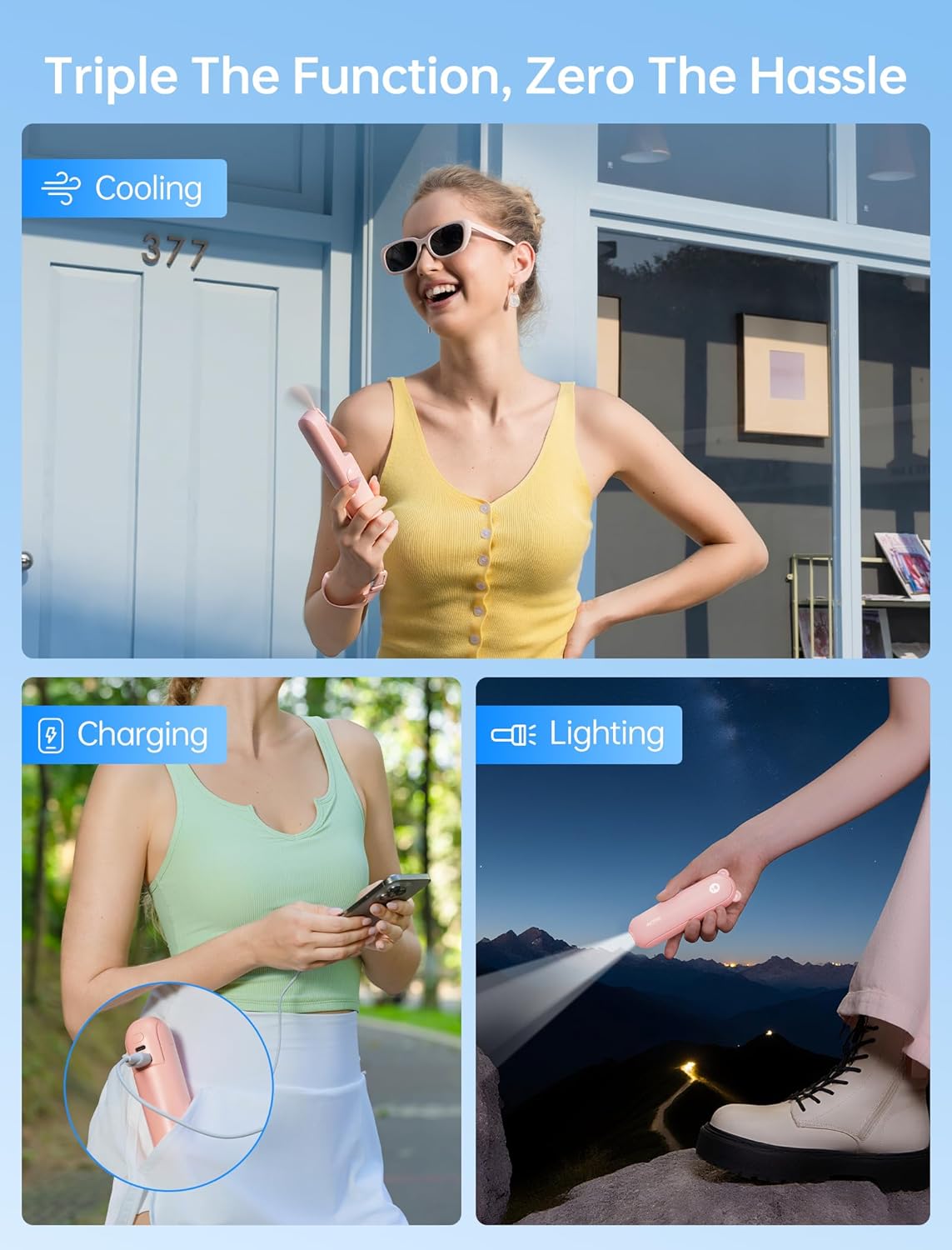 Mini Fan 3 IN 1 USB Rechargeable Portable Fan [12-19 Working Hours] with Power Bank Flashlight