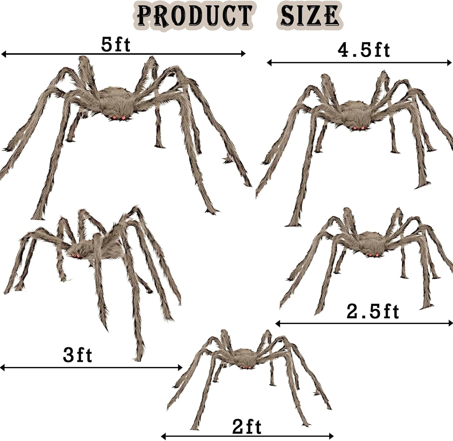 5 Pack 5Ft 4Ft 3.2Ft 2.5Ft 2 Ft Realistic Large Scary Hairy Spiders Sets for Halloween Decorations