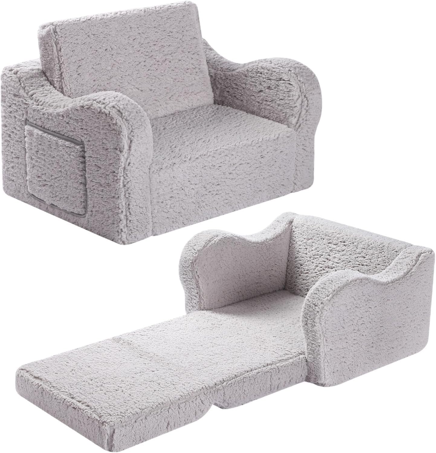 2 in 1 Flip Out Foam Couch with Soft Sherpa Cover Cozy Play Lounge Chair Grey