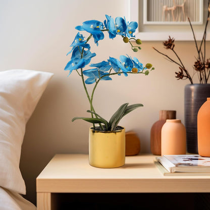 17“ Artificial Orchid Flowers Potted Realistic Faux Blue Flowers in Pots for Bathroom Kitchen Home